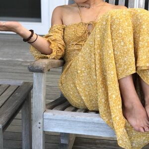 Doen yellow floral maxi dress with front ties and sleeves
